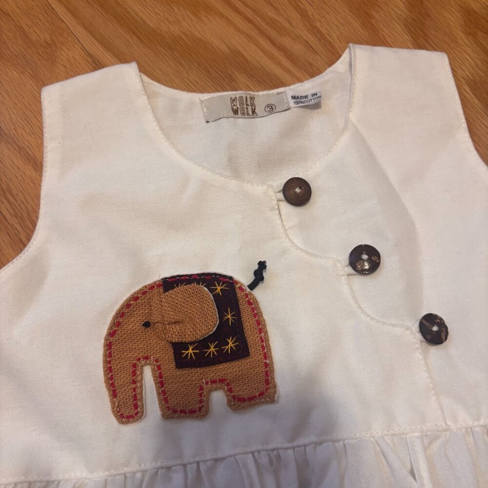 Vintage Walk Walk Baby Girls White Elephant Patch Button Dress Size 3 Thailand - Picture 3 of 6